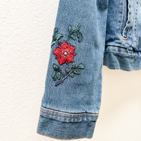 Sherpa Jean Jacket with Red Embroidered Flowers.  Size Small - Picture 5 of 11
